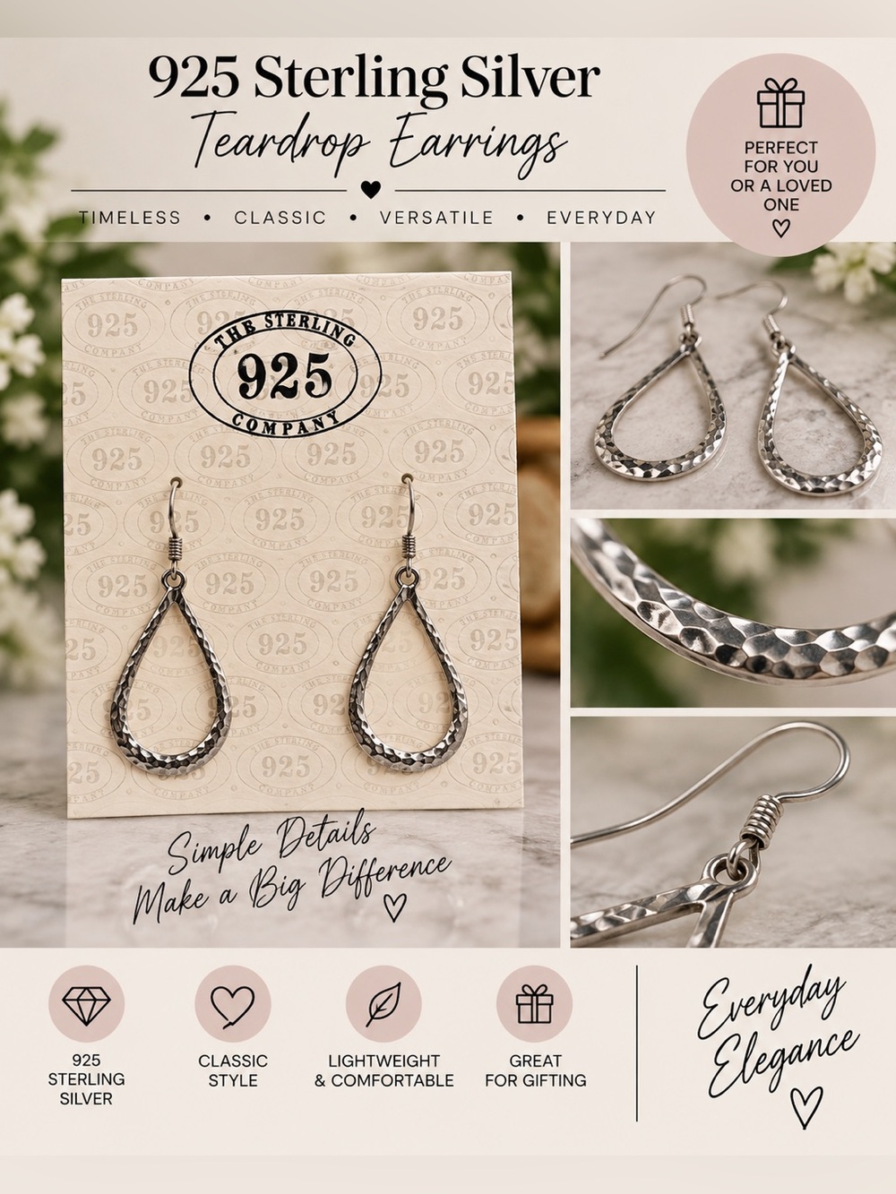 925 Sterling Silver Hammered Teardrop Dangle Earrings